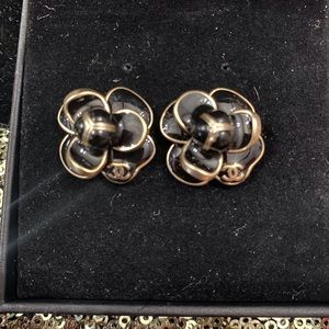 CHANEL Black and Gold Camellia Earrings